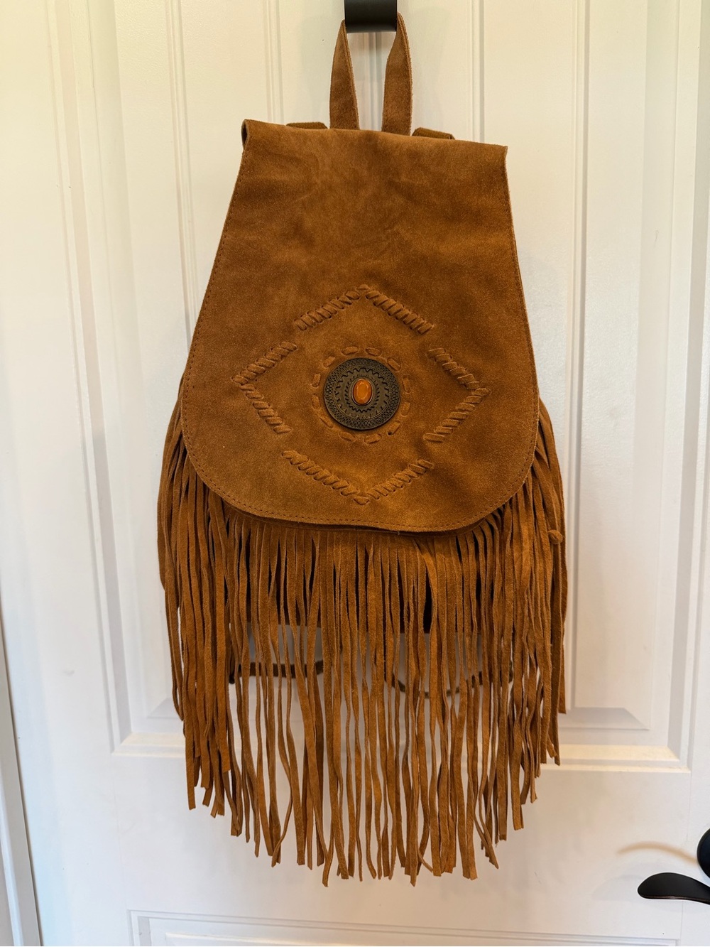 Suede Fringe Backpack - Tan Boho Style